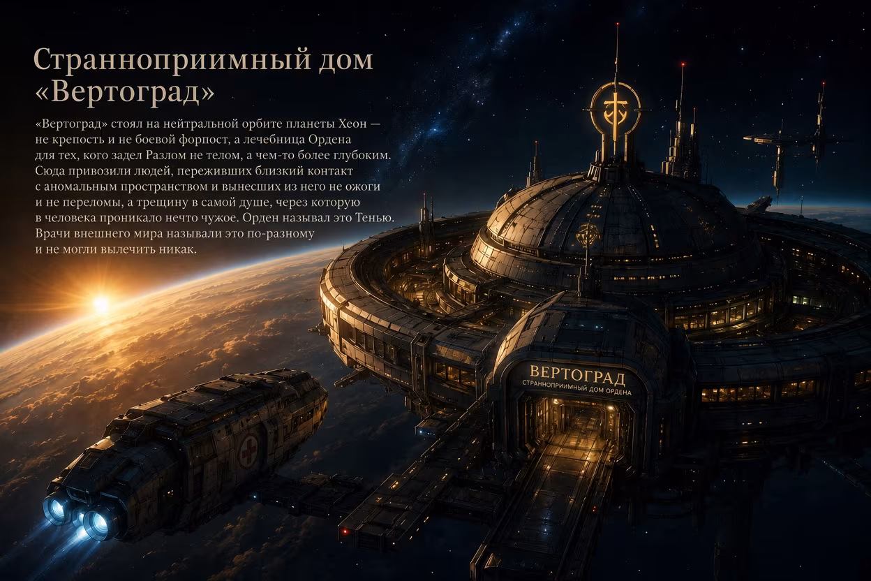 Увеличить Космическая лечебница «Вертоград» Ордена Хранителей Света на орбите планеты Хеон, окружённая звёздами, с приближающимся медицинским кораблём.